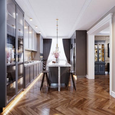 Gri çağdaş mobilyaları olan modern bir mutfak tezgahı, iki sandalyesi, bej duvarları ve parke zemini olan bir mutfak adası. 3B görüntüleme.