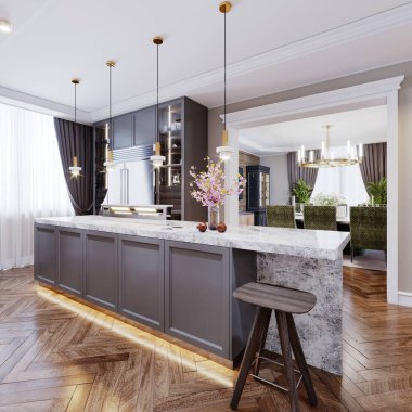 Beyaz mermer tezgahı ve iki bar taburesi olan gri renkli bir odası olan ahşap panellerden oluşan modern bir mutfak adası. Dolu büfe metal buzdolabı, raflarda tabaklar. 3B görüntüleme.