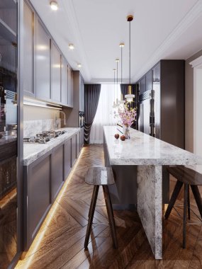 Beyaz mermer tezgahı ve iki bar taburesi olan gri renkli bir odası olan ahşap panellerden oluşan modern bir mutfak adası. Dolu büfe metal buzdolabı, raflarda tabaklar. 3B görüntüleme.
