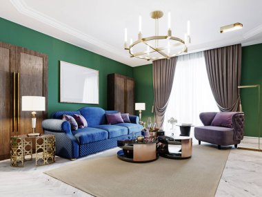 Sanat deco tarzı oturma odası, yeşil duvarlar ve mor döşemeli mobilyalar ve televizyon üniteli dolaplar. 3B görüntüleme.