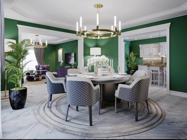 Büyük bir evde altı kişilik yuvarlak masası olan lüks bir yemek odası. Deri sandalyeler, mermer tezgah, TV ünitesi, büfe, yeşil duvarlar. 3B görüntüleme.