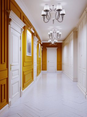Turuncu duvarları, beyaz kapıları ve ahşap panelli duvarları olan klasik tarz koridor. Duvarlardaki resimler. 3B görüntüleme.