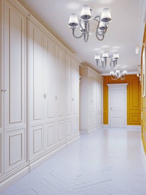 Turuncu duvarları, beyaz kapıları ve ahşap panelli duvarları olan klasik tarz koridor. İki büyük gardırop dolabı. Duvarlardaki resimler. 3B görüntüleme.