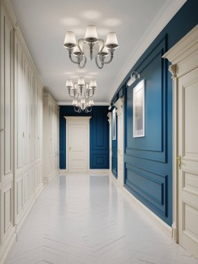 Mavi duvarları, beyaz kapıları ve ahşap panelli duvarları olan klasik tarzda bir koridor. Duvarlardaki resimler. 3B görüntüleme.