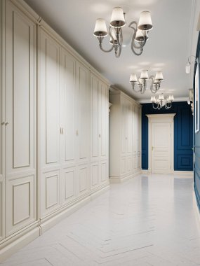 Mavi duvarları, beyaz kapıları ve ahşap panelli duvarları olan klasik tarzda bir koridor. İki büyük gardırop dolabı. Duvarlardaki resimler. 3B görüntüleme.