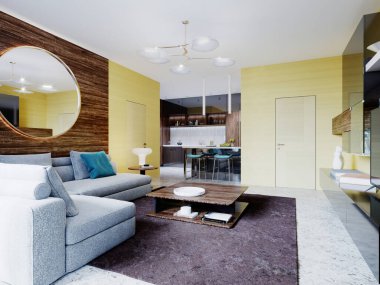 Yeni tasarlanmış oturma odası, modern duvar döşeli mobilyalar, televizyon ve sehpası olan gri bir kanepe. Dairenin içinde sarı duvarlar ve yuvarlak aynalı tahta paneller var. 3B görüntüleme.