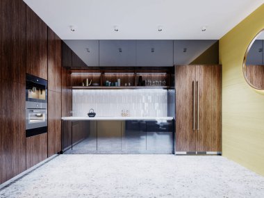 Sarı mutfak, duvarında büyük yuvarlak bir ayna ve ahşap ve çelik mobilya cephelerinden yapılmış modern mobilyalar. 3B görüntüleme.