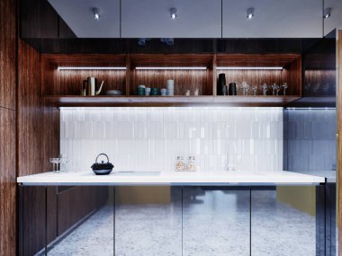 Kahverengi ahşap ve gri metal mobilya cepheli modern mutfak mobilyaları. 3B görüntüleme.