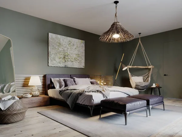 オリーブ色の壁と2つの革のオットマンとボホールスタイルの寝室のインテリア 3Dレンダリング — ストック写真