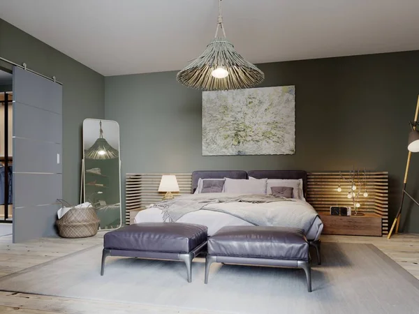オリーブ色の壁と2つの革のオットマンとボホールスタイルの寝室のインテリア 3Dレンダリング — ストック写真