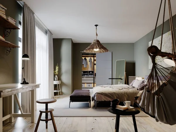 로프트 스타일의 침실에 유행하는 침대와 의자가 렌더링 — 스톡 사진