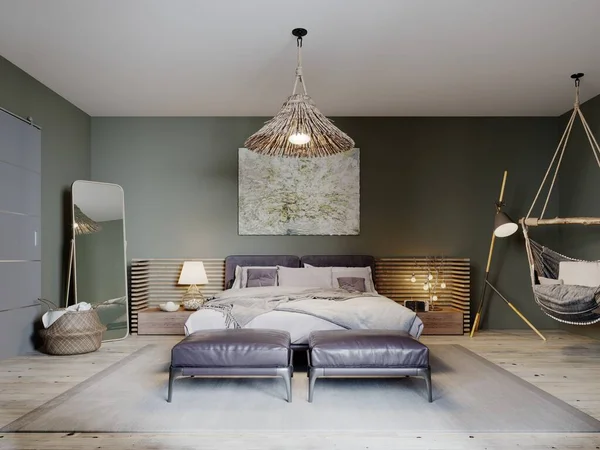 Boho style bedroom interior with olive color walls and two leather ottomans. 3D rendering.
