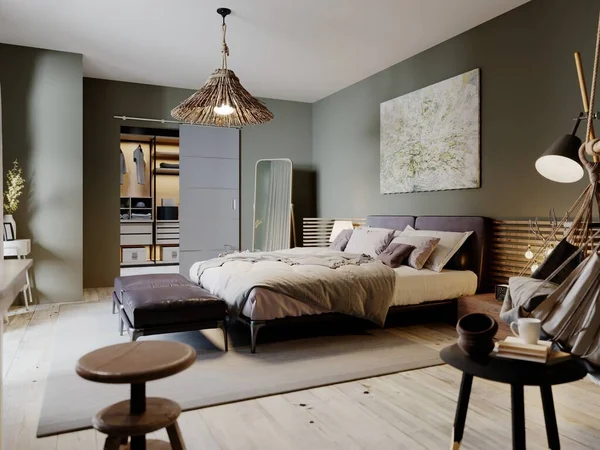 Moderne Loft Slaapkamer Met Een Trendy Bed Hangstoel Weergave — Stockfoto