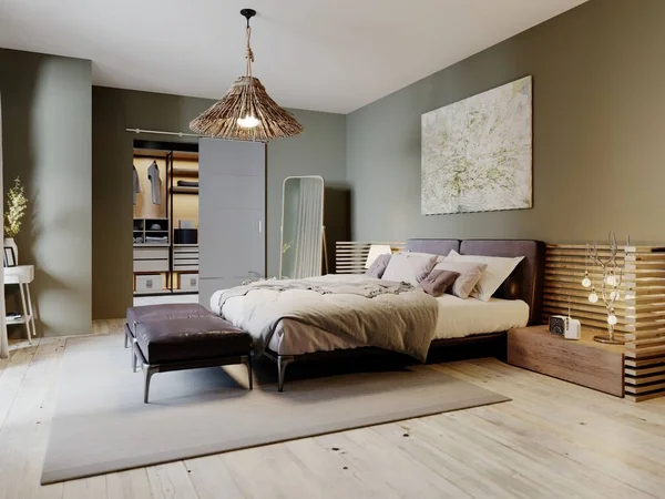 现代阁楼风格的卧室 有时髦的床和吊椅 3D渲染 — 图库照片