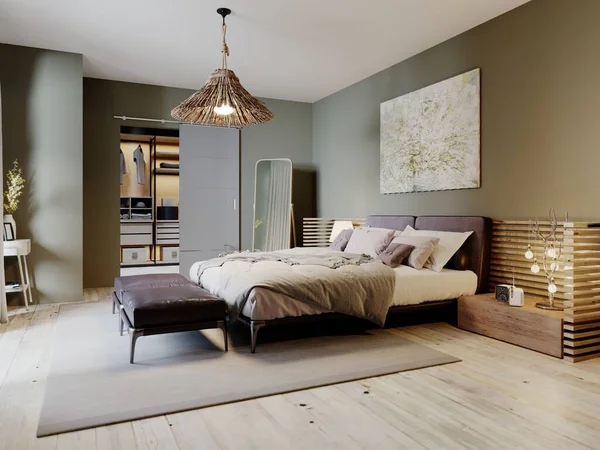 Moderne Loft Slaapkamer Met Een Trendy Bed Hangstoel Weergave — Stockfoto