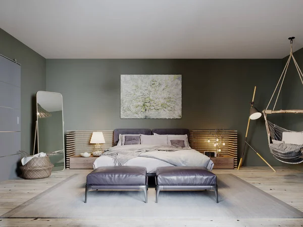 Geleneksel Bir Yatak Odası Tasarla Asılı Bir Sandalye Yatağın Yanında — Stok fotoğraf