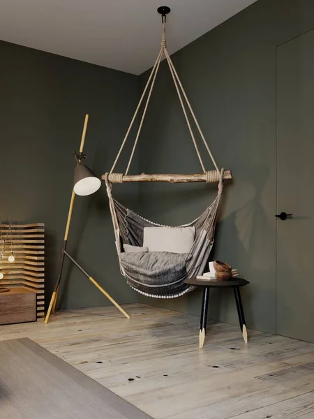Modern Bir Yatak Odasında Boho Tarzı Sallanan Sandalye Görüntüleme — Stok fotoğraf
