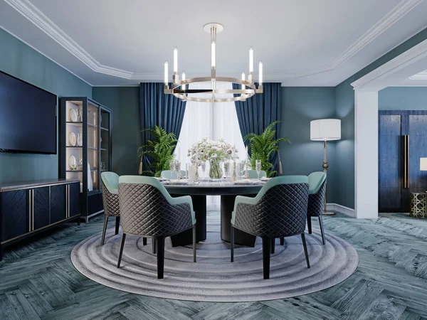 Moderna Lussuosa Sala Pranzo Colore Blu Bianco Nero Con Grande — Foto Stock