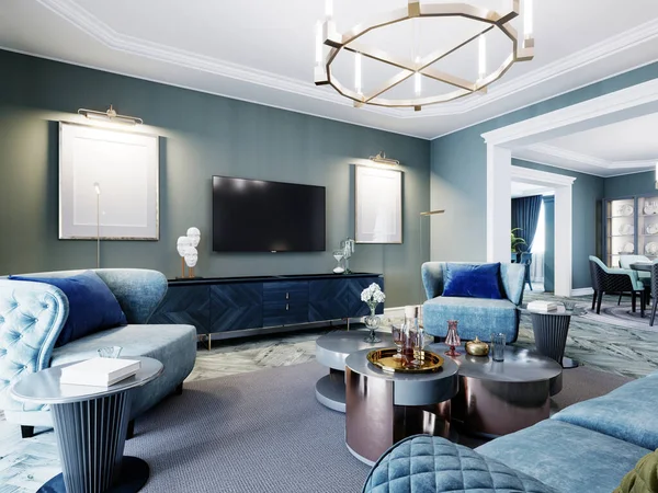 Luxuriöse Modische Wohnzimmer Blauen Und Hellblauen Farben Klassischen Stil Blaue — Stockfoto