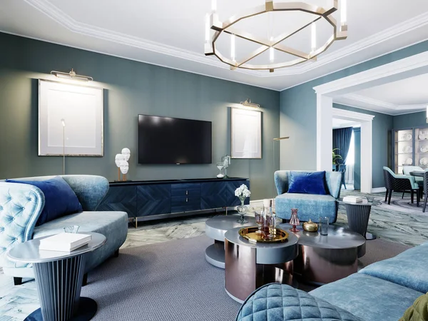 Luxe Modieuze Woonkamer Blauwe Lichtblauwe Kleuren Klassieke Stijl Opgepoetste Blauwe — Stockfoto