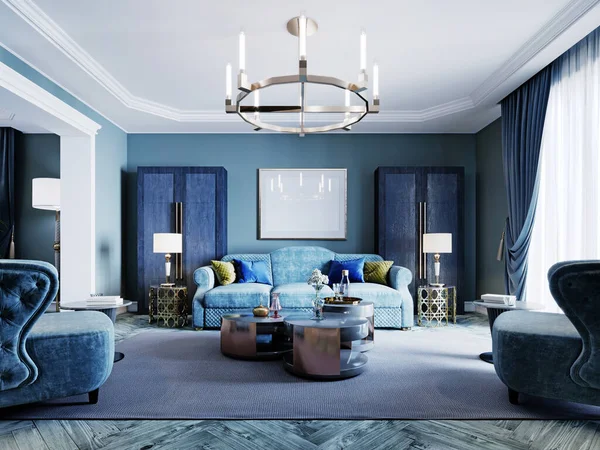 Luxusní Módní Obývací Pokoj Modré Světle Modré Barvy Klasický Styl — Stock fotografie