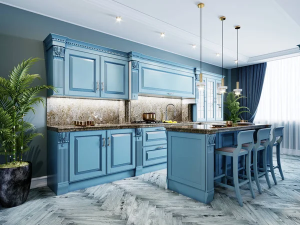 Fashionable kitchen with blue walls and blue furniture, a kitchen in a modern classic style. 3D rendering.