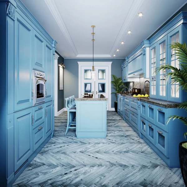 Fashionable kitchen with blue walls and blue furniture, a kitchen in a modern classic style. 3D rendering.