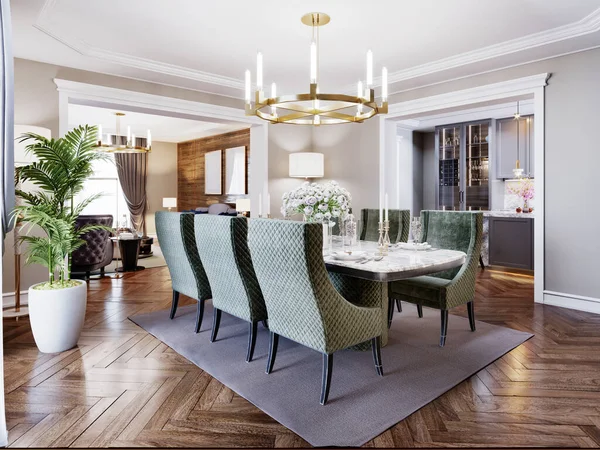 アールデコ様式の豪華なトレンディーなダイニングルームのインテリア 緑の家具とベージュのインテリア 6つの椅子と長方形のテーブル 3Dレンダリング — ストック写真