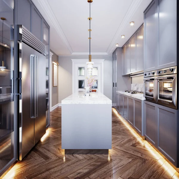 Fashionable modern kitchen with gray contemporary furniture, a kitchen island with a bar counter and two chairs, beige walls and parquet floor. 3D rendering.