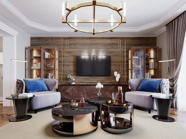 Fashionable Designer Living Room Interior Warm Colors Artdeco Upholstered Furniture — Stock Photo, Image