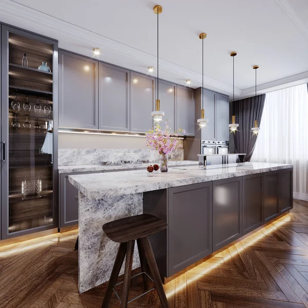 时尚的现代厨房 有灰色的现代家具 一个有吧台和两张椅子的厨房岛 米黄色的墙壁和茶几地板 3D渲染 — 图库照片