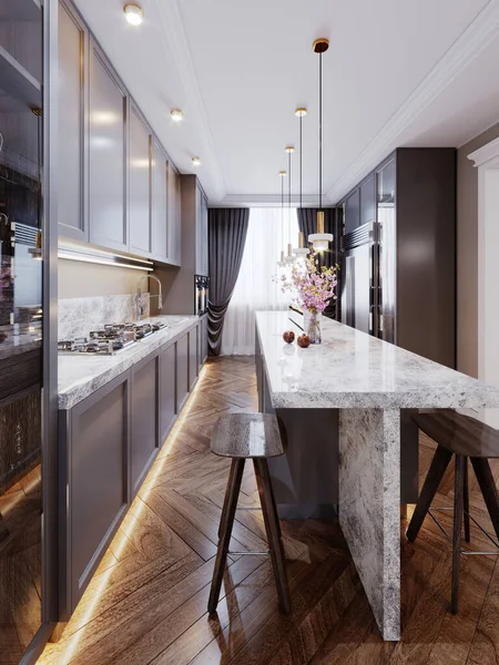 Modern Kitchen Island Made Wooden Panels Chamfer Gray Color White — Stock Photo, Image