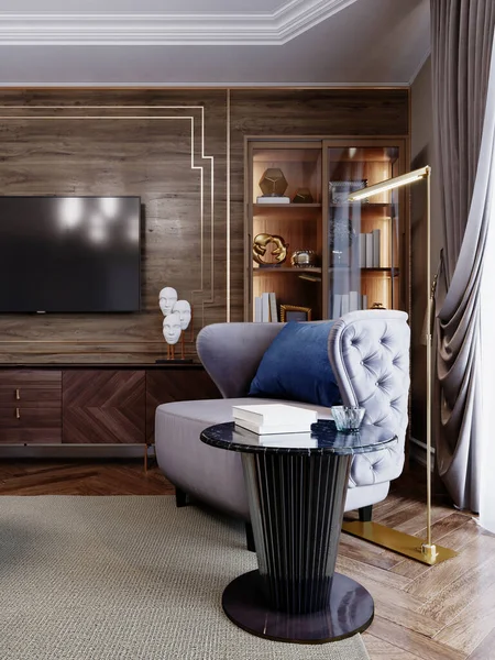 A luxurious armchair with quilted elements in violet blue, a black table nearby and an elegant gold floor lamp, in the living room against the background of a sideboard with decor and a TV unit. 3D rendering.