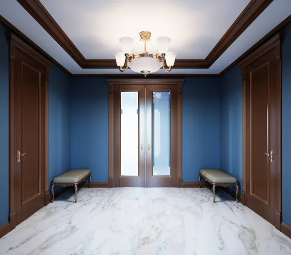 Модный Современный Зал Доме Классическом Стиле Синими Стенами Коричневыми Дверями — стоковое фото
