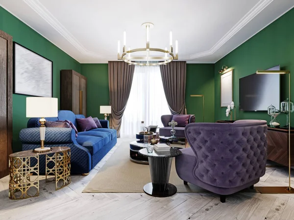 Sala Estar Estilo Art Déco Con Paredes Verdes Muebles Tapizados —  Fotos de Stock