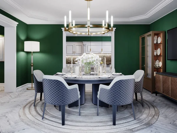 Luxurious dining room in a large house, with a round table for six people. Leather chairs, marble countertops, TV unit, sideboard, green walls. 3D rendering.