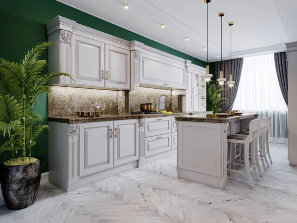 Una Cocina Clásica Con Muebles Blancos Paredes Verdes Suelo Blanco —  Fotos de Stock