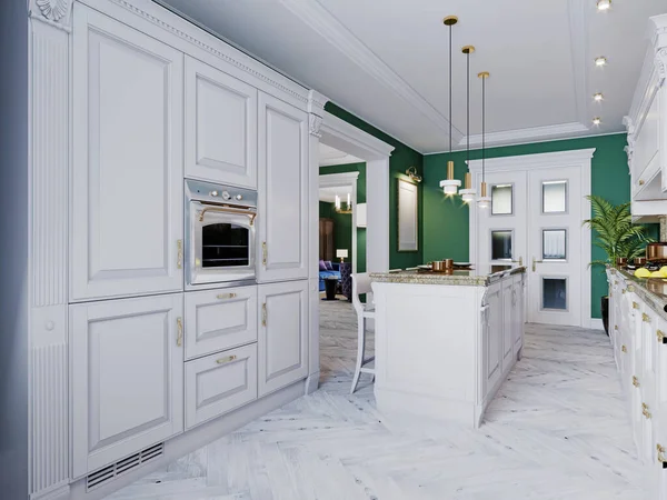 Μια Κλασική Κουζίνα Λευκά Έπιπλα Και Πράσινους Τοίχους Και Ένα — Φωτογραφία Αρχείου