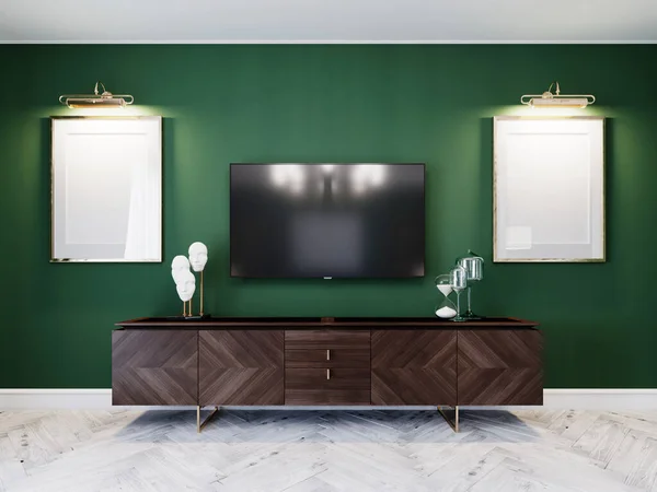 TV unit in the living room with a chest of drawers, two paintings, green walls, a white floor and a ceiling. 3D rendering.