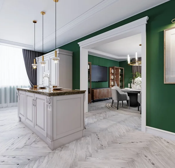 Una Cocina Clásica Con Muebles Blancos Paredes Verdes Suelo Blanco — Foto de Stock