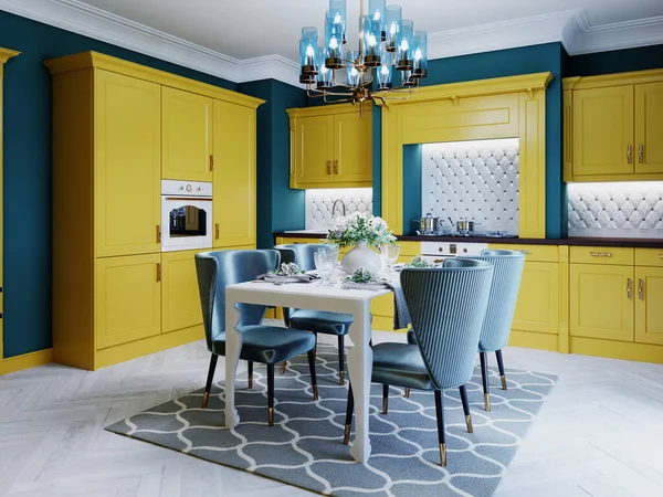 Fashionable Kitchen Yellow Kitchen Furniture Baded Coral Color Walls Glass — стоковое фото