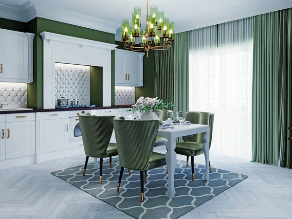 Cocina Moderna Con Muebles Blancos Paredes Verdes Renderizado — Foto de Stock