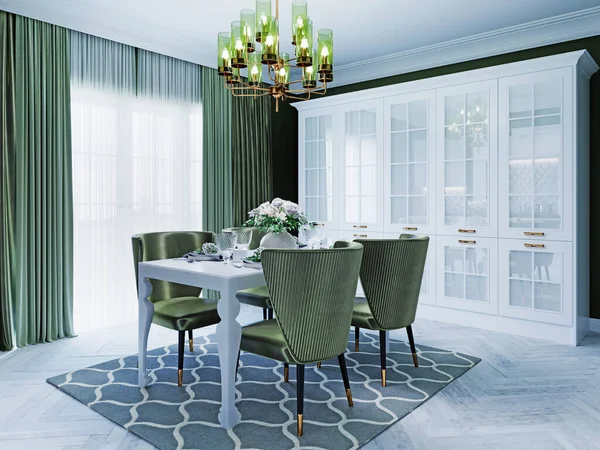 Moderne Küche Mit Weißen Möbeln Und Grünen Wänden Rendering — Stockfoto