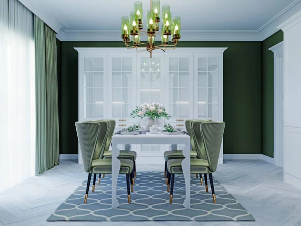 现代厨房 白色家具和绿色墙壁 3D渲染 — 图库照片
