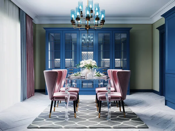 ブルーの家具と緑の壁で古典的なスタイルのカラフルなキッチン 柔らかいピンクの椅子付きのダイニングテーブル 3Dレンダリング — ストック写真
