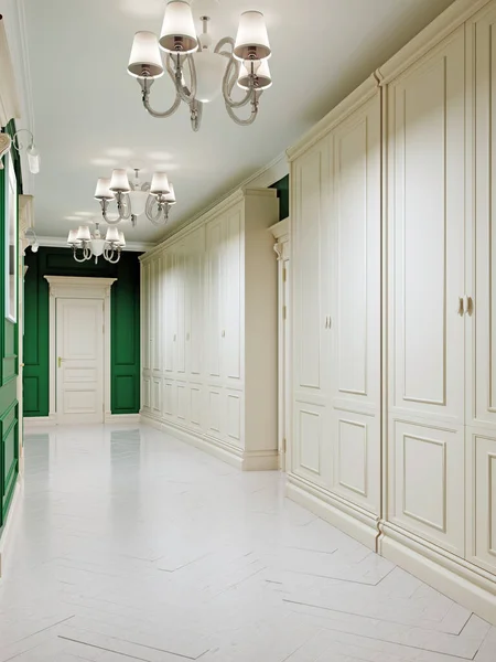 Classic Style Corridor Green Walls White Doors Wood Paneled Walls — Stock Photo, Image