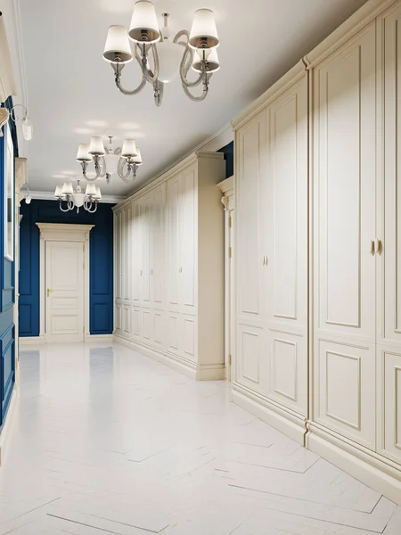 Classic-style corridor with blue walls and white doors and wood-paneled walls. Two large wardrobe closets. The paintings on the walls. 3D rendering.