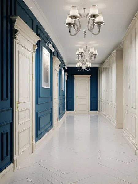 Corridoio Stile Classico Con Pareti Blu Porte Bianche Pareti Rivestite — Foto Stock