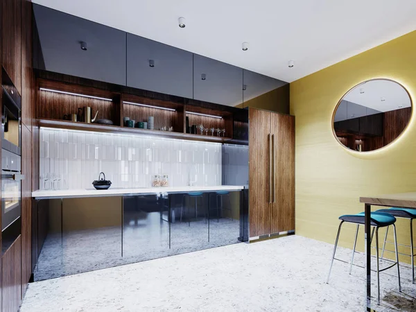 Yellow kitchen interior with a large round mirror on the wall and contemporary furniture made of wooden and steel furniture facades. 3D rendering.