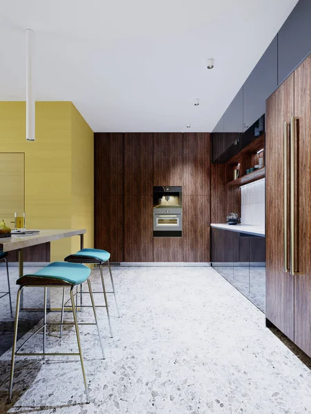 黄色厨房内部 墙上有一个大的圆形镜子 以及由木制和钢制家具立面制成的现代家具 3D渲染 — 图库照片